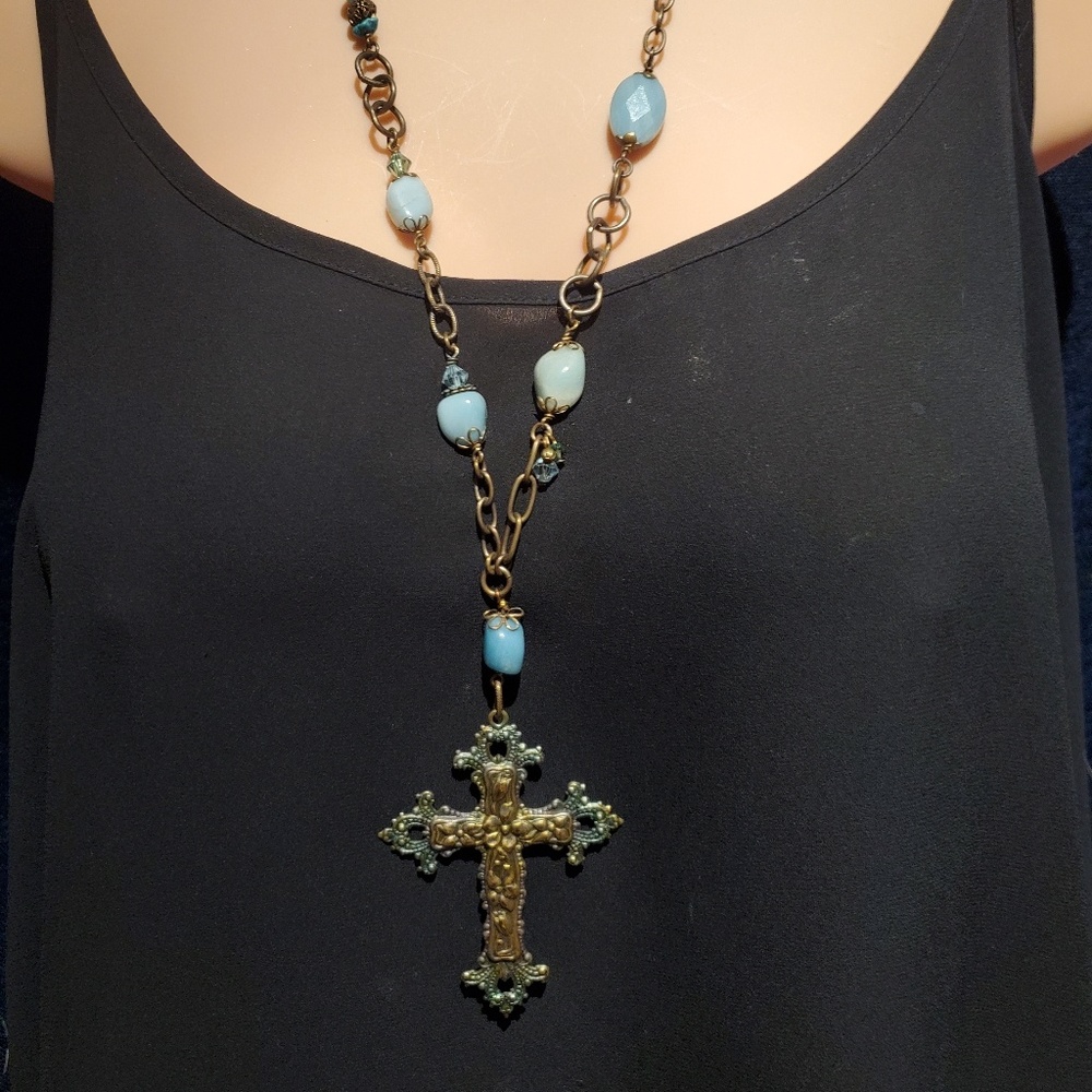 Handmade necklace, vintage looking, heavy cross, boho style, retro style